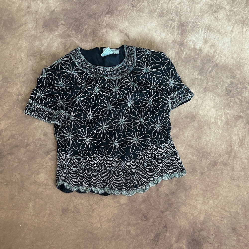 Papell Boutique Black Blouse with Silver Floral Design